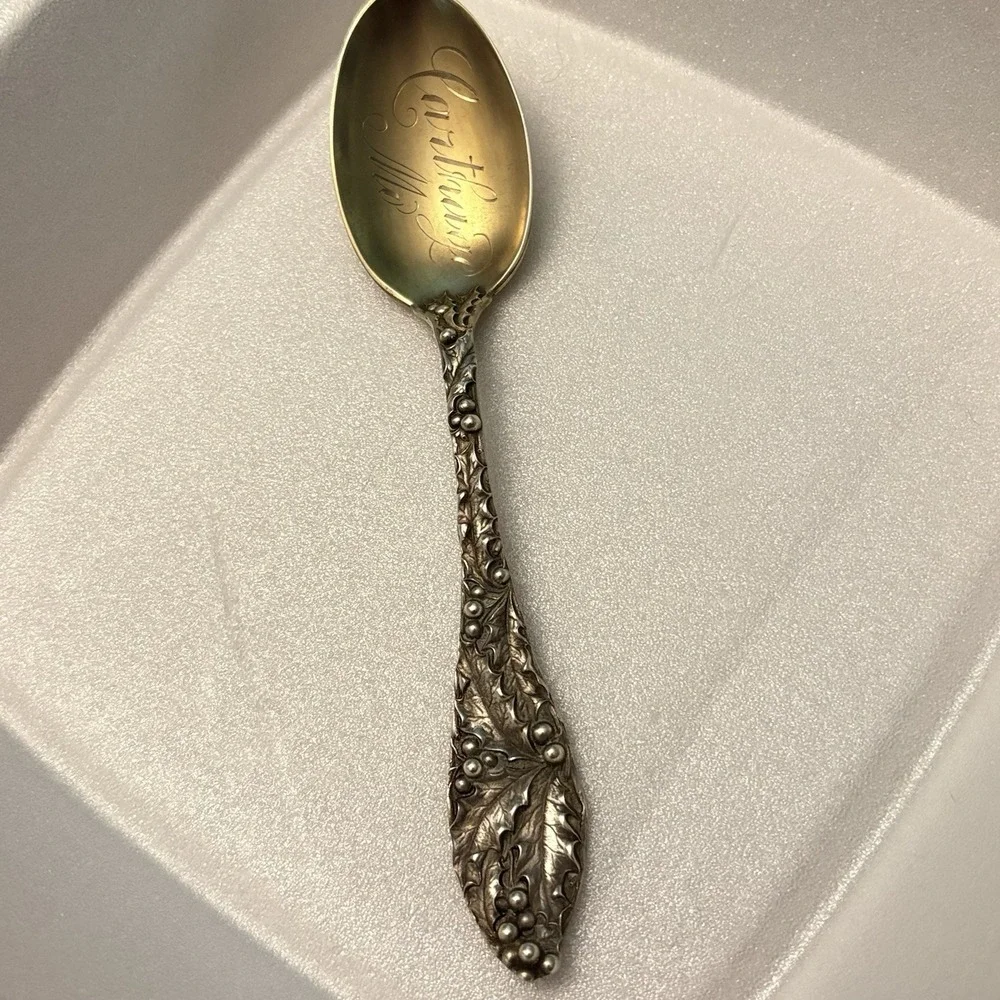 VTG Sterling Silver Spoon Carthage MO Souvenir Gold Wash Holly Leaves Berries